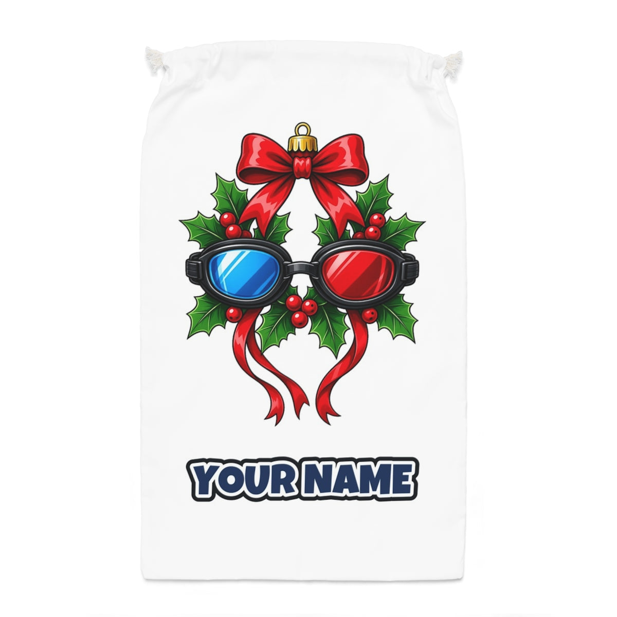 Swimming Goggles Wreath Santa sack laid flat, showing the full print
