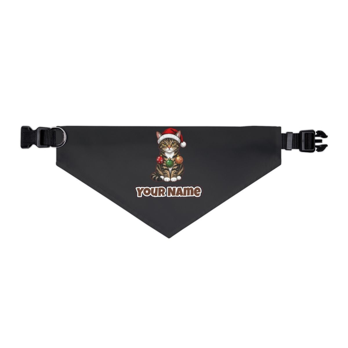 Tabby Cat personalised Christmas pet bandana in black, collar with buckle