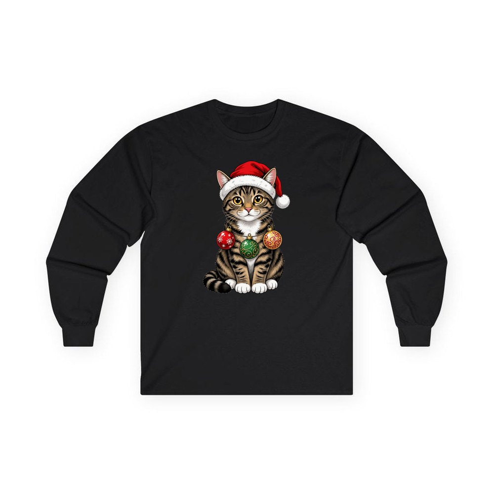 Tabby Cat personalised long sleeve Christmas T-shirt in black
