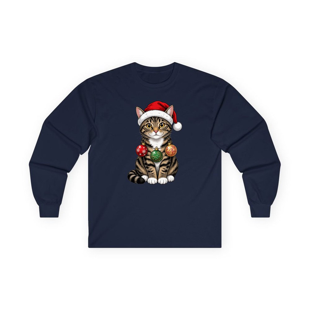 Tabby Cat personalised long sleeve Christmas T-shirt in navy