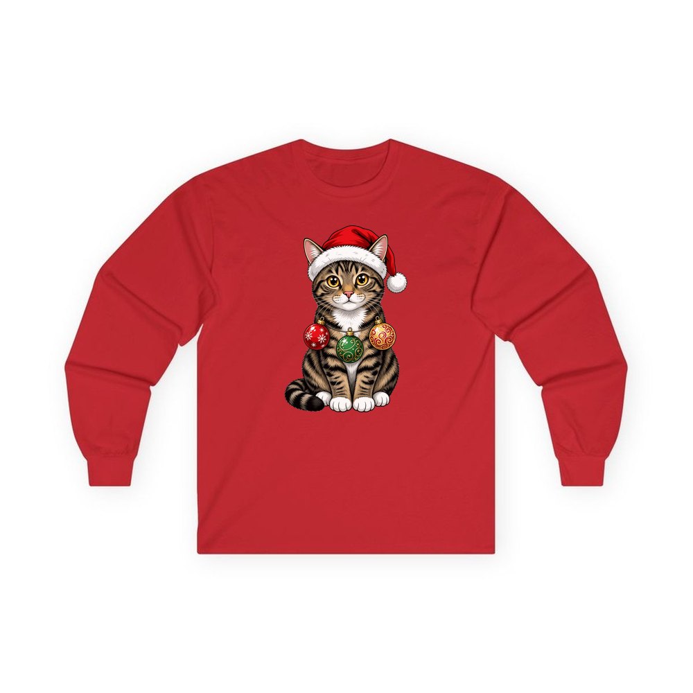 Tabby Cat personalised long sleeve Christmas T-shirt in red