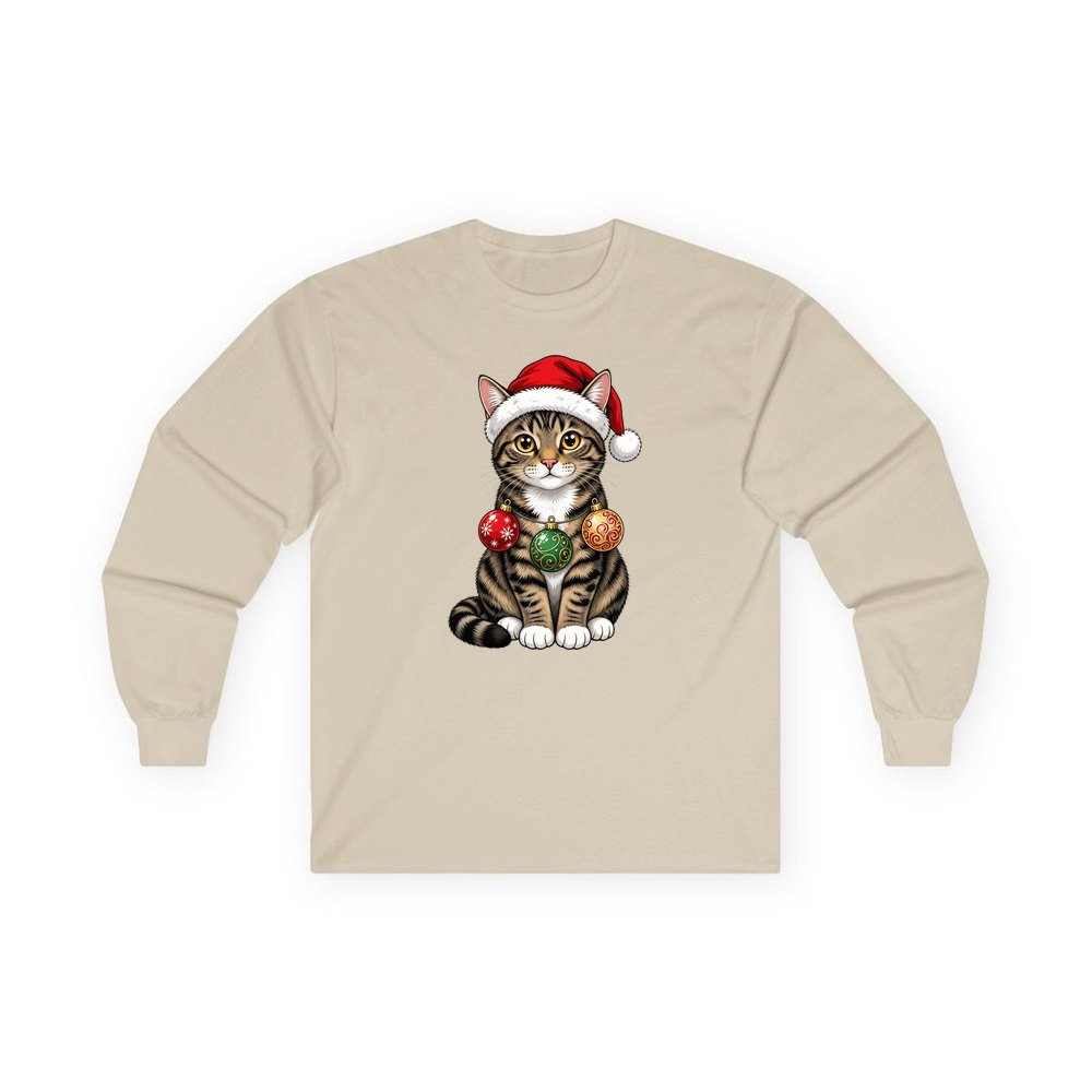 Tabby Cat personalised long sleeve Christmas T-shirt in sand