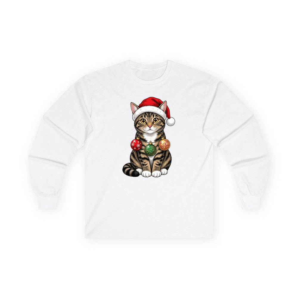 Tabby Cat personalised long sleeve Christmas T-shirt in white