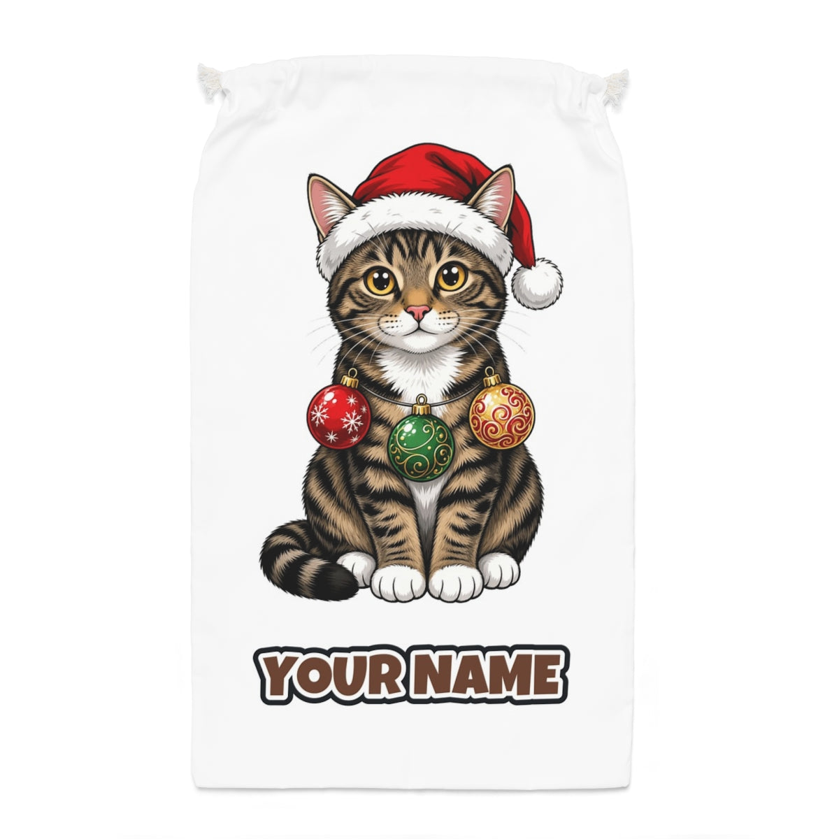 Tabby Cat Santa sack laid flat, showing the full print