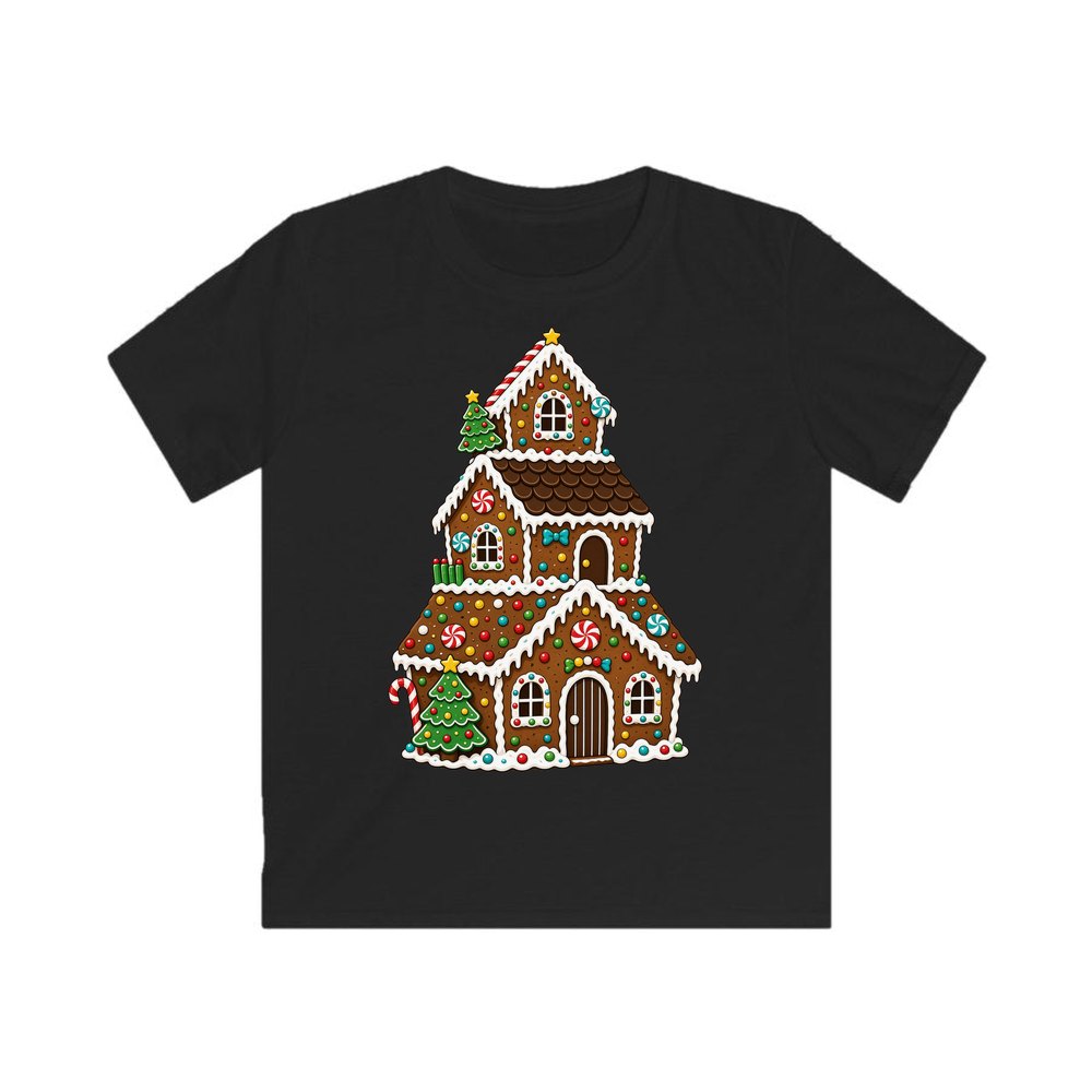 Tall Gingerbread Lolly House personalised kids Christmas tee in black