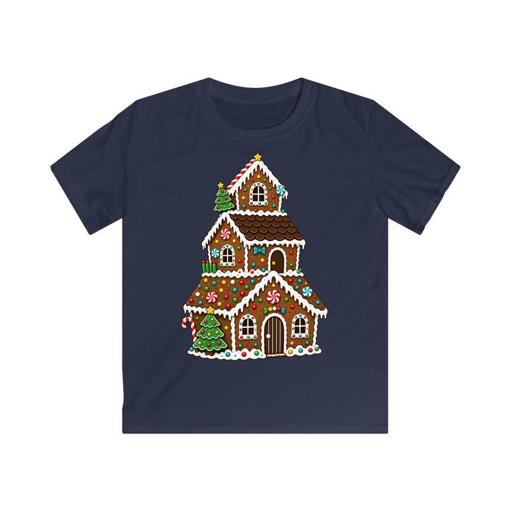 Tall Gingerbread Lolly House personalised kids Christmas tee in navy
