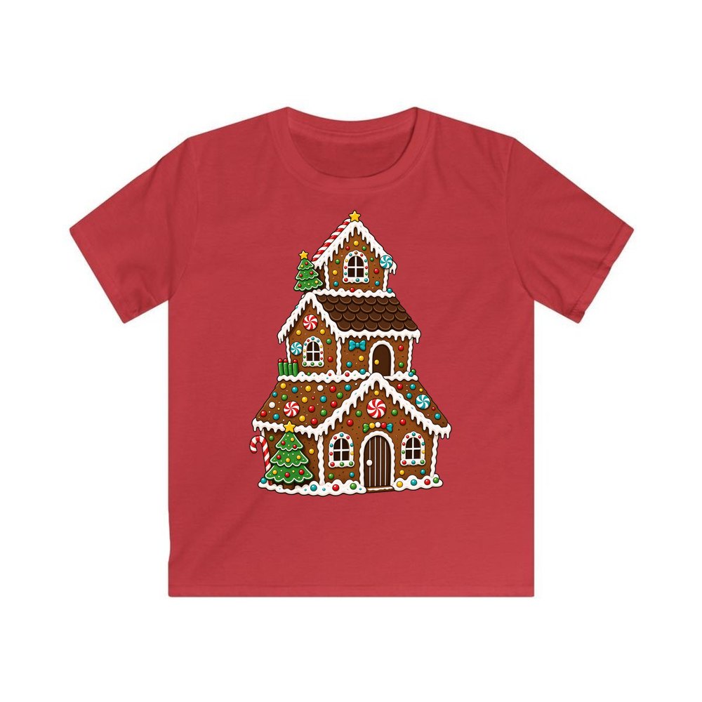 Tall Gingerbread Lolly House personalised kids Christmas tee in red
