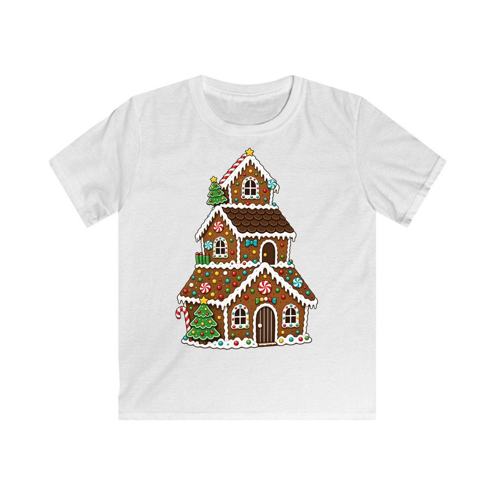 Tall Gingerbread Lolly House personalised kids Christmas tee in white