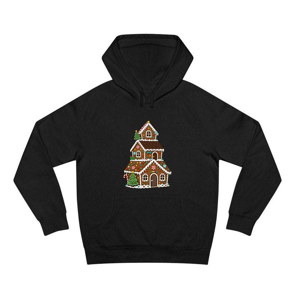 Tall Gingerbread Lolly House personalised Christmas hoodie in black