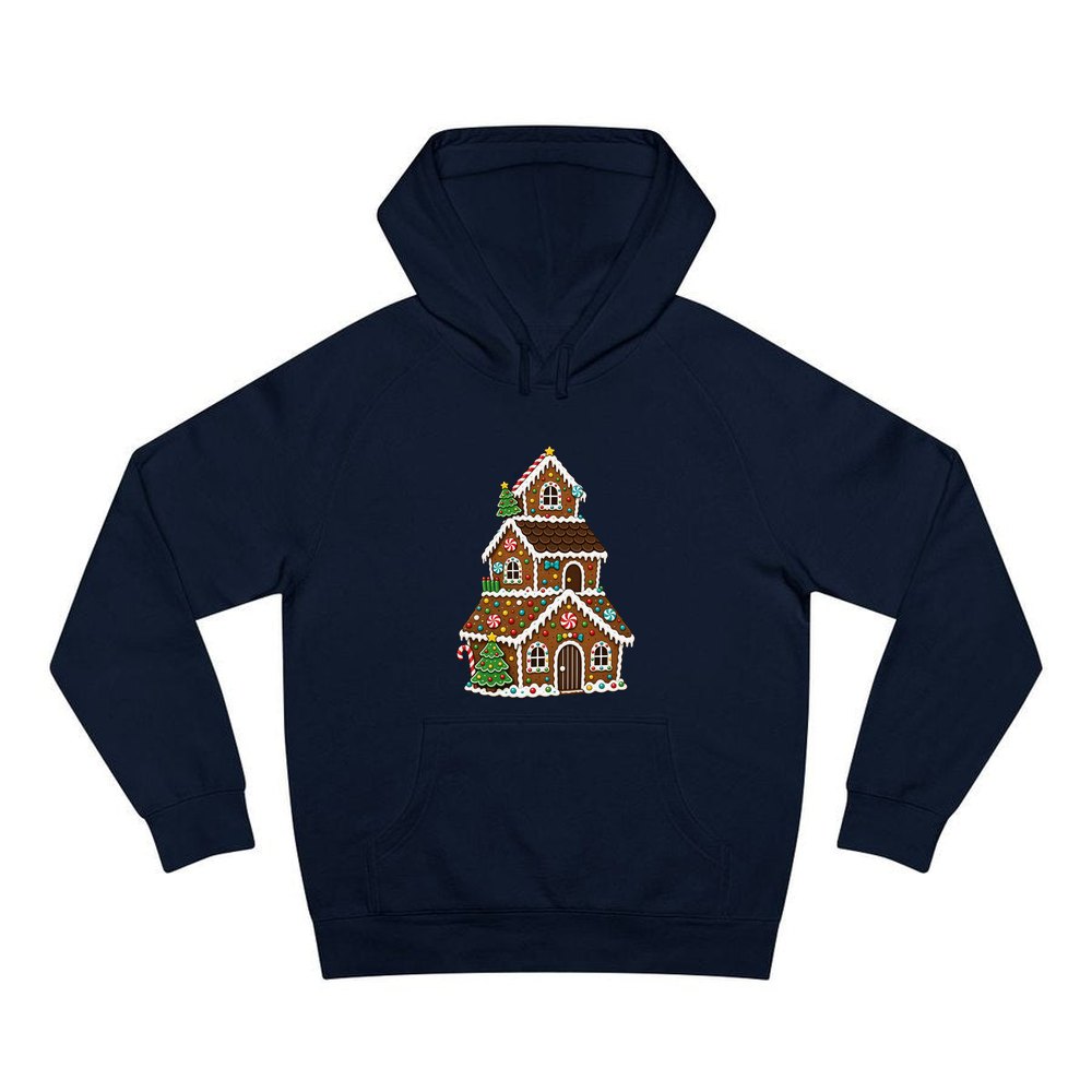 Tall Gingerbread Lolly House personalised Christmas hoodie in navy