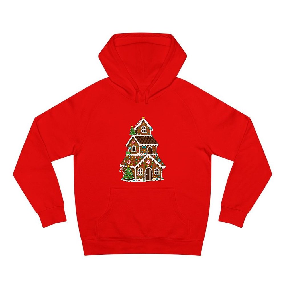 Tall Gingerbread Lolly House personalised Christmas hoodie in red