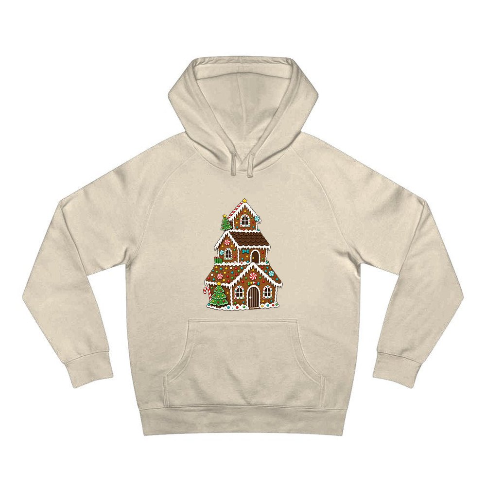 Tall Gingerbread Lolly House personalised Christmas hoodie in sand