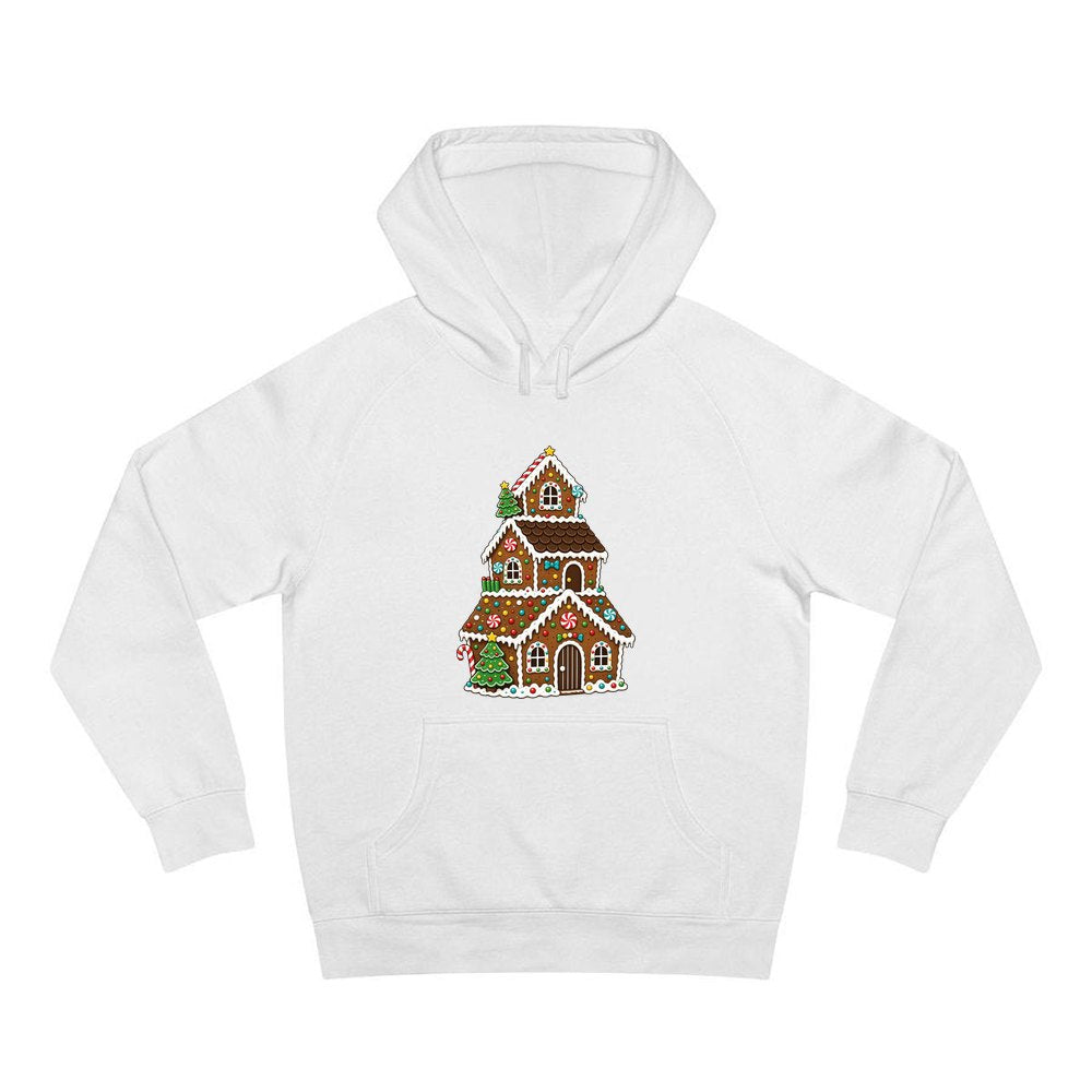 Tall Gingerbread Lolly House personalised Christmas hoodie in white