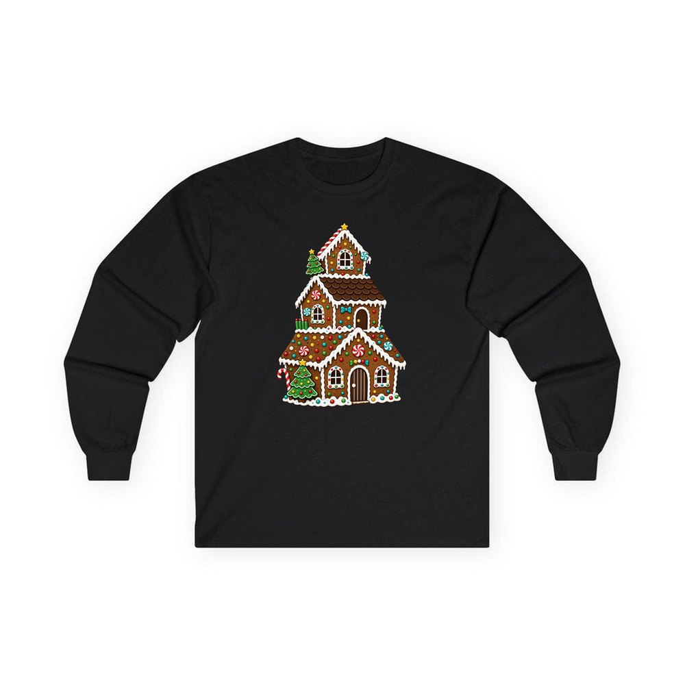 Tall Gingerbread Lolly House personalised long sleeve Christmas T-shirt in black
