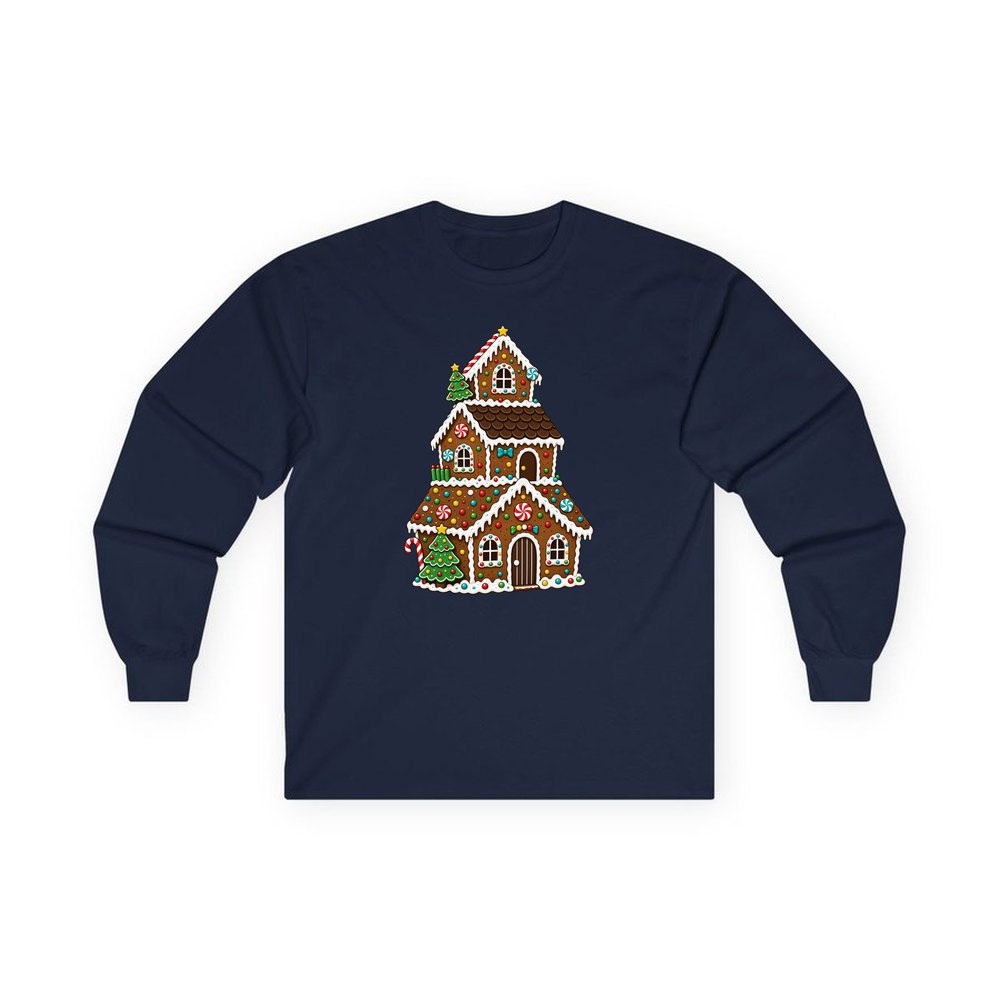 Tall Gingerbread Lolly House personalised long sleeve Christmas T-shirt in navy