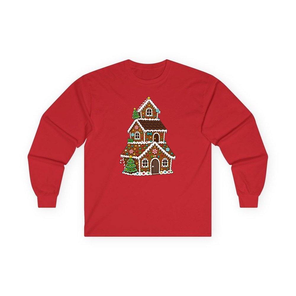Tall Gingerbread Lolly House personalised long sleeve Christmas T-shirt in red
