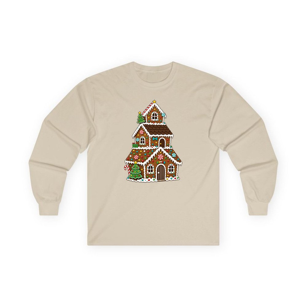 Tall Gingerbread Lolly House personalised long sleeve Christmas T-shirt in sand