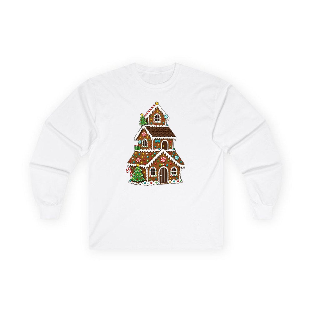Tall Gingerbread Lolly House personalised long sleeve Christmas T-shirt in white
