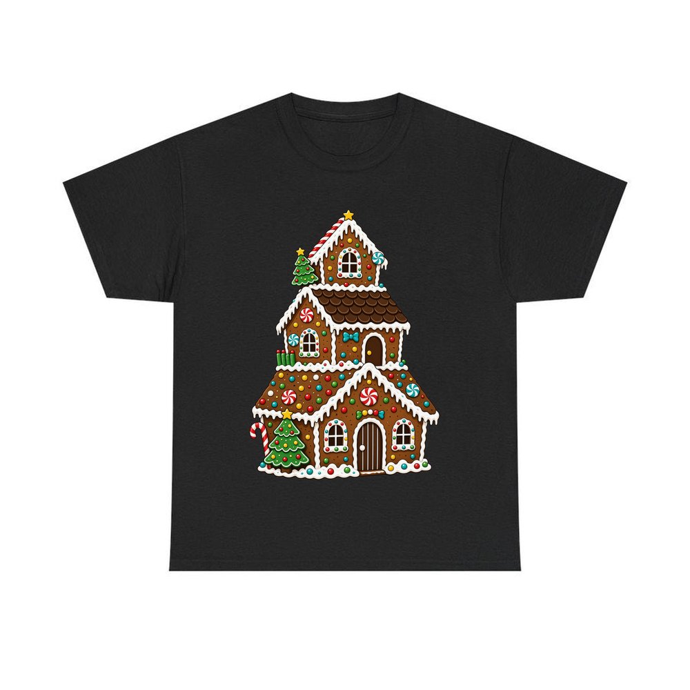 Tall Gingerbread Lolly House personalised Christmas T-shirt in black