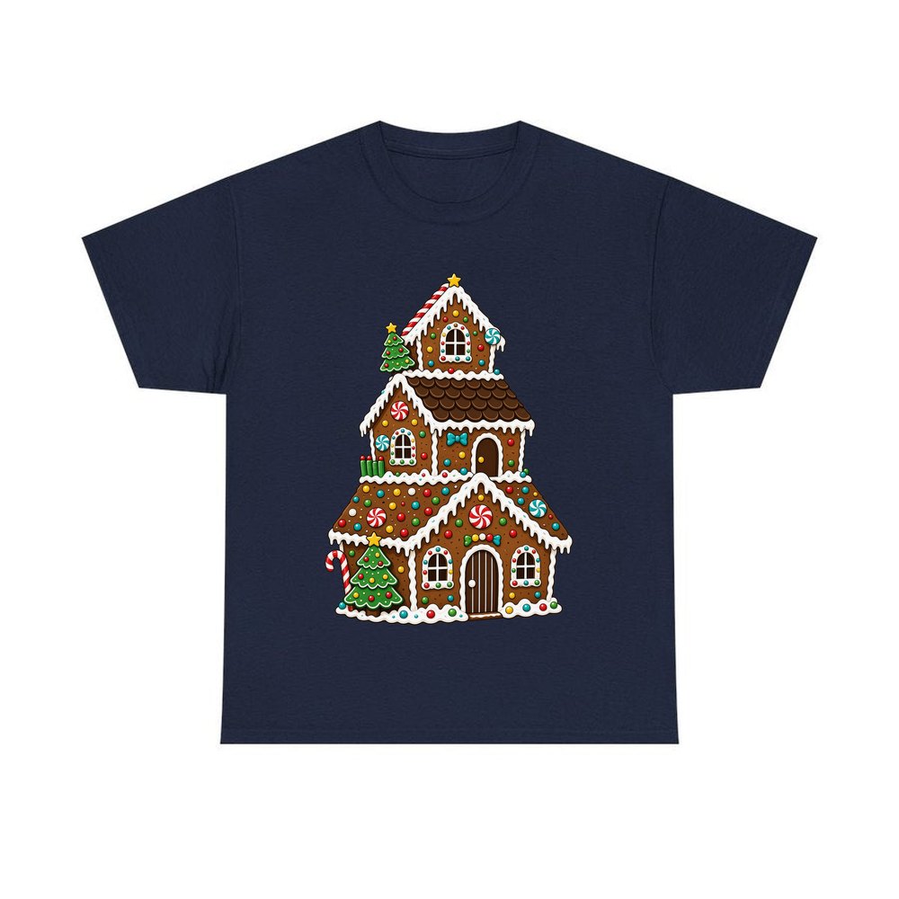 Tall Gingerbread Lolly House personalised Christmas T-shirt in navy