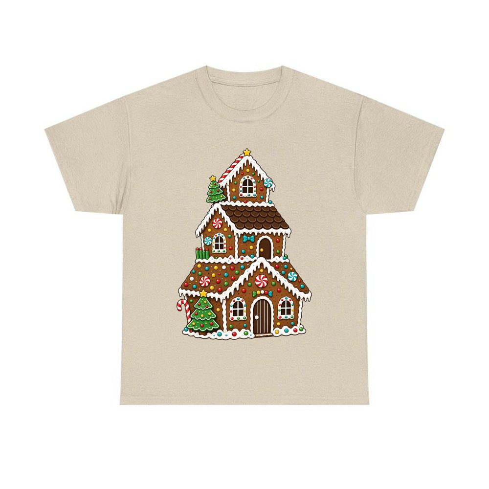 Tall Gingerbread Lolly House personalised Christmas T-shirt in sand