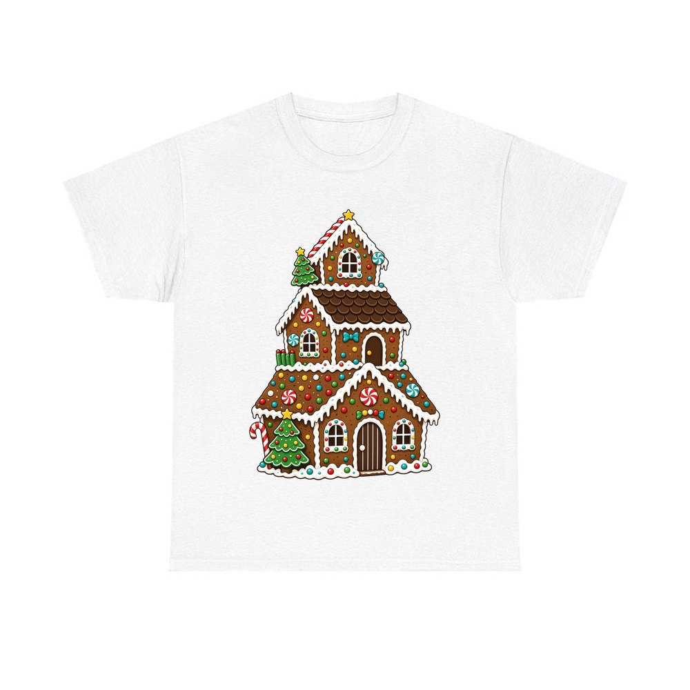 Tall Gingerbread Lolly House personalised Christmas T-shirt in white