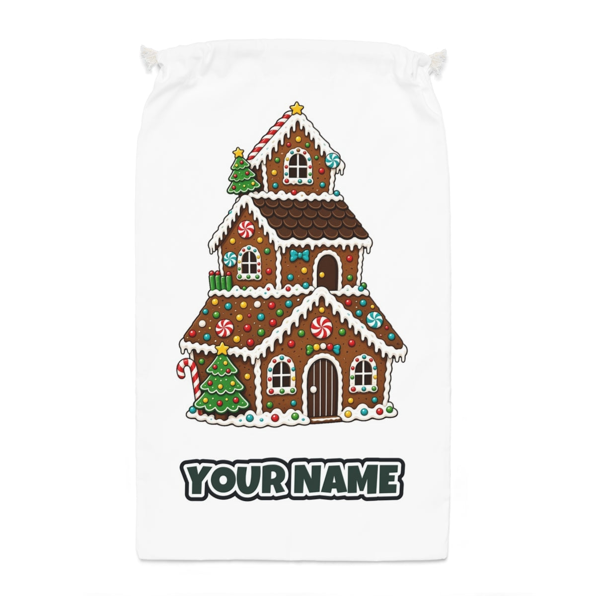 Tall Gingerbread Lolly House Santa sack laid flat, showing the full print