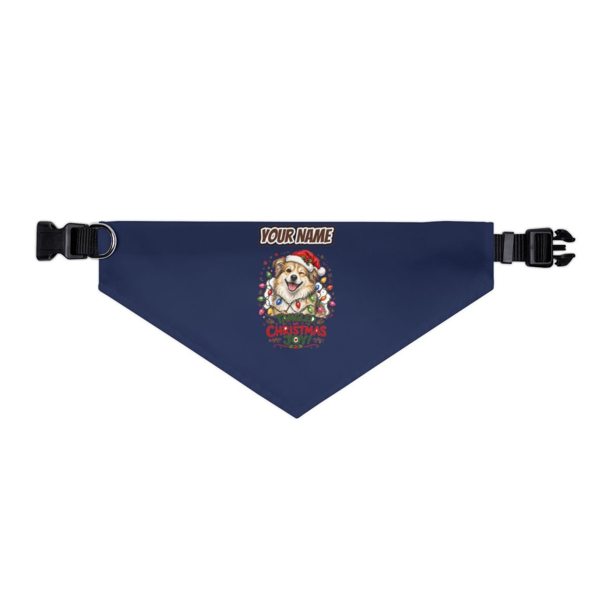 Tangled Christmas Lights Dog personalised Christmas pet bandana in navy, collar with buckle