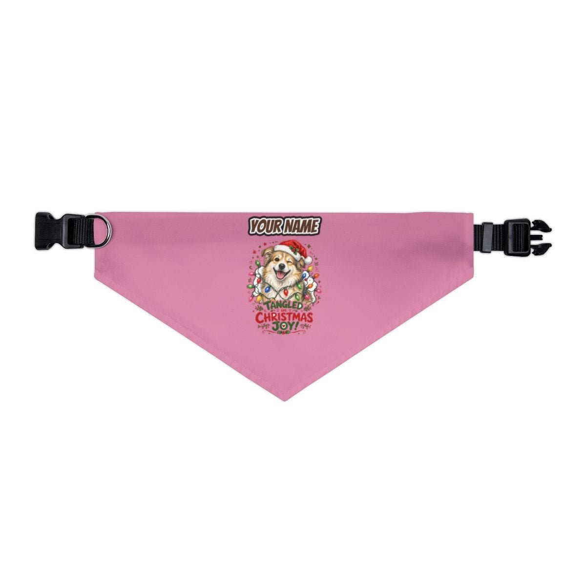 Tangled Christmas Lights Dog personalised Christmas pet bandana in pink, collar with buckle