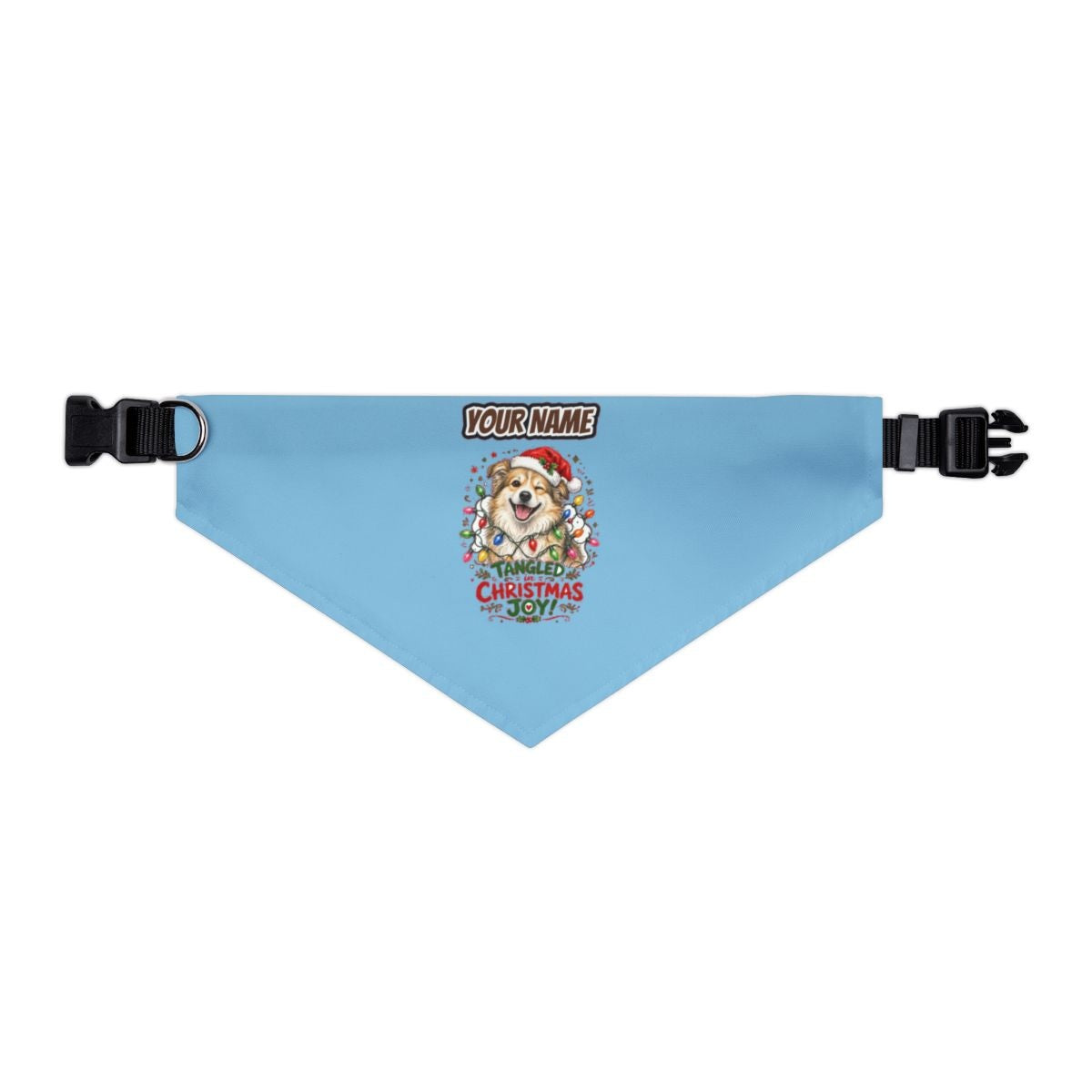 Tangled Christmas Lights Dog personalised Christmas pet bandana in sky blue, collar with buckle