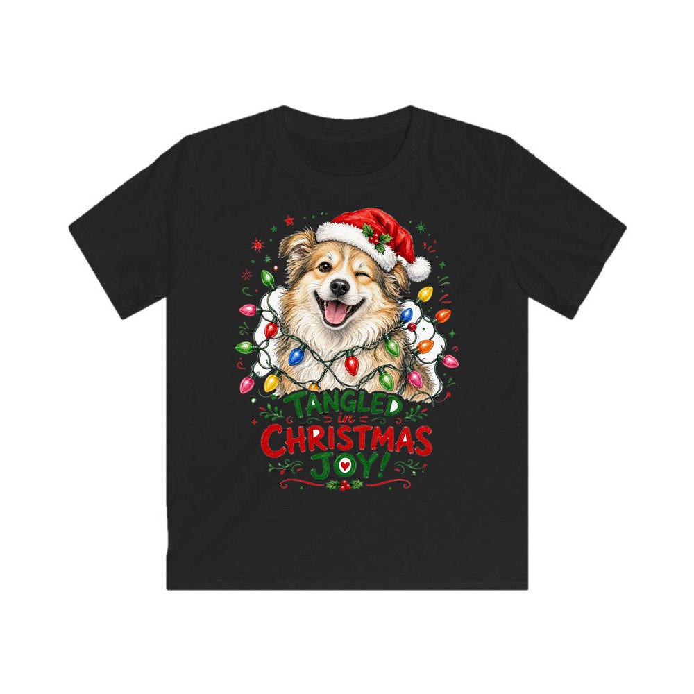 Tangled Christmas Lights Dog personalised kids Christmas tee in black