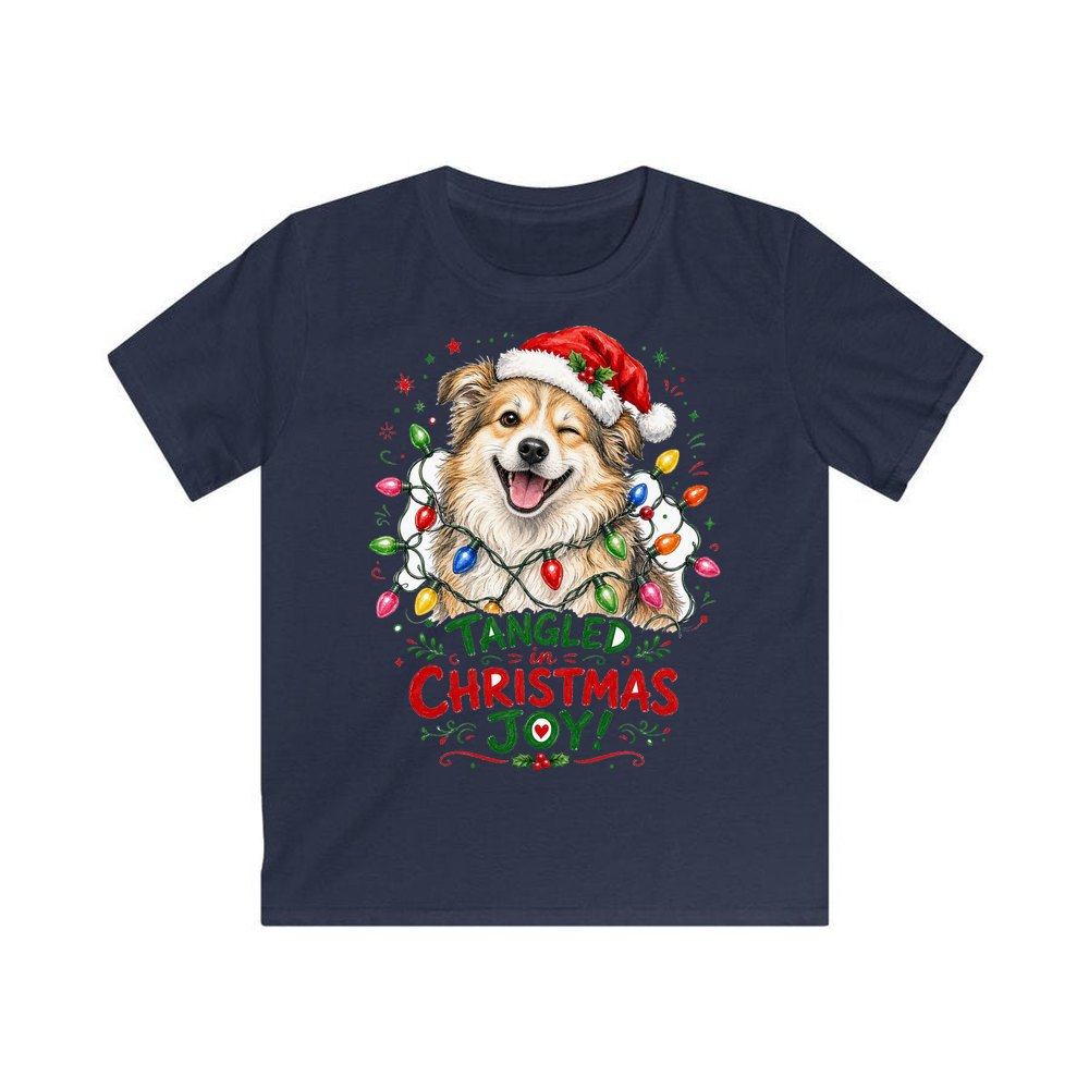 Tangled Christmas Lights Dog personalised kids Christmas tee in navy