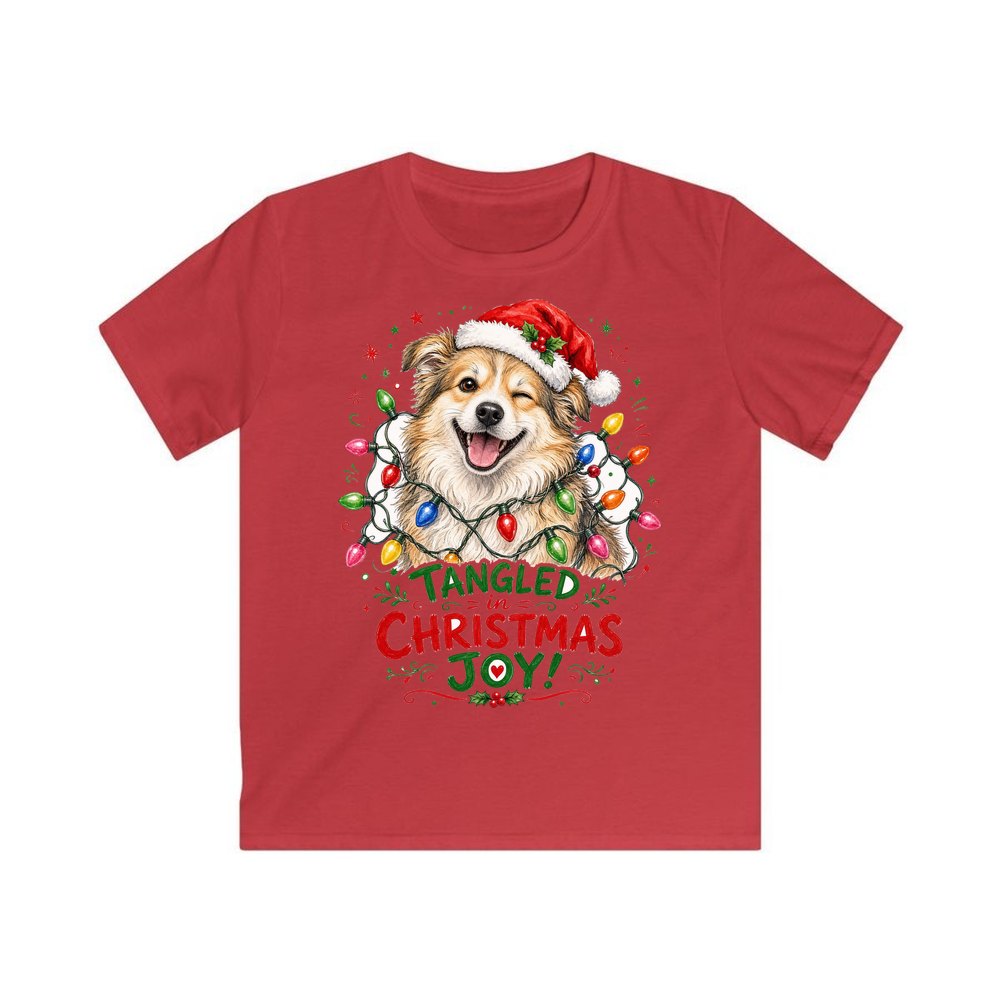 Tangled Christmas Lights Dog personalised kids Christmas tee in red