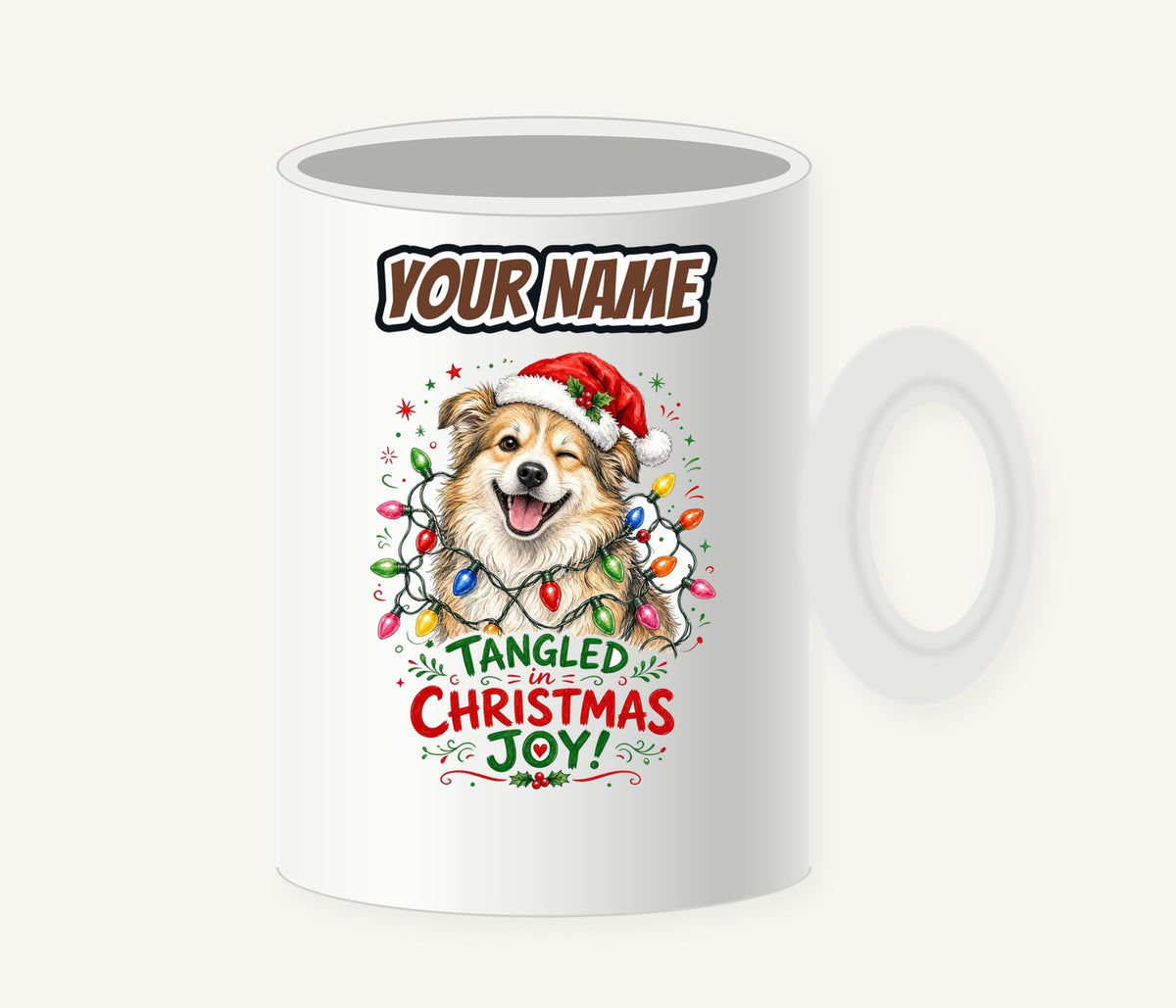 Tangled Christmas Lights Dog Personalised Christmas Mug