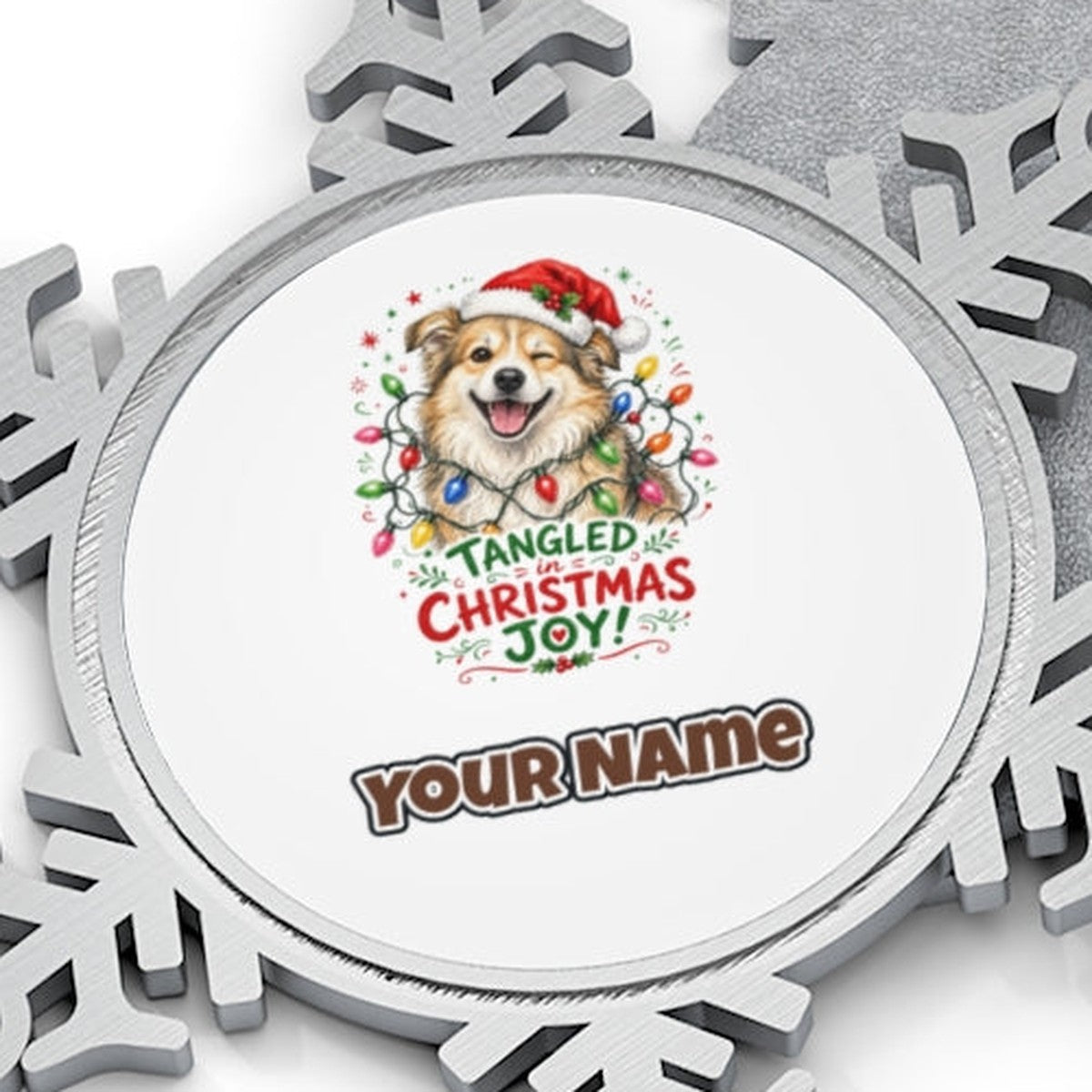 Tangled Christmas Lights Dog Personalised Pewter Christmas Ornament