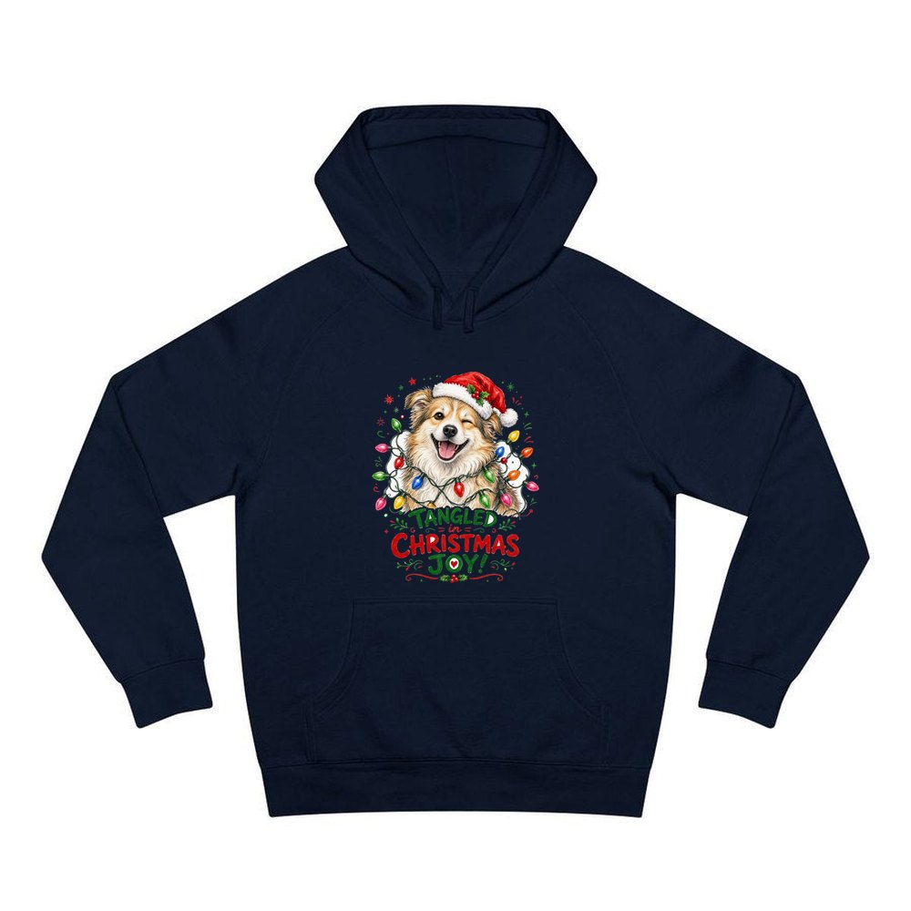 Tangled Christmas Lights Dog personalised Christmas hoodie in navy