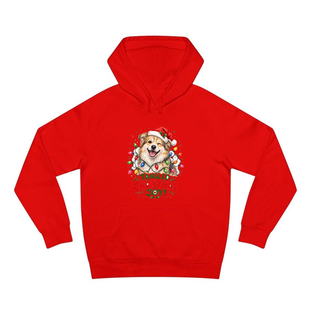 Tangled Christmas Lights Dog personalised Christmas hoodie in red