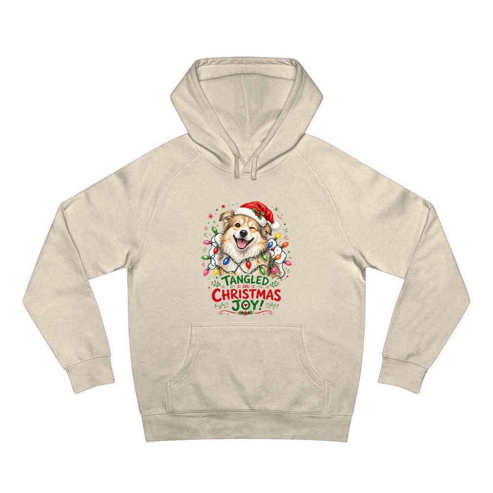 Tangled Christmas Lights Dog personalised Christmas hoodie in sand