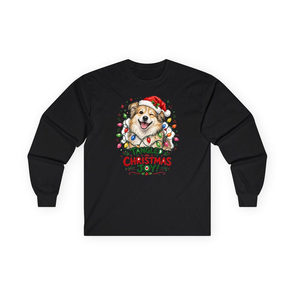 Tangled Christmas Lights Dog personalised long sleeve Christmas T-shirt in black