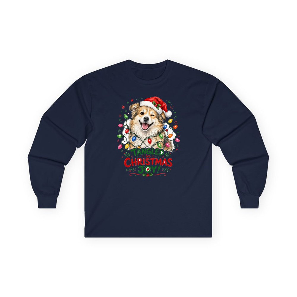 Tangled Christmas Lights Dog personalised long sleeve Christmas T-shirt in navy