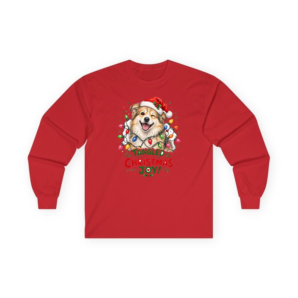 Tangled Christmas Lights Dog personalised long sleeve Christmas T-shirt in red