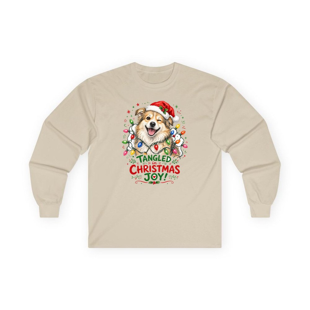 Tangled Christmas Lights Dog personalised long sleeve Christmas T-shirt in sand