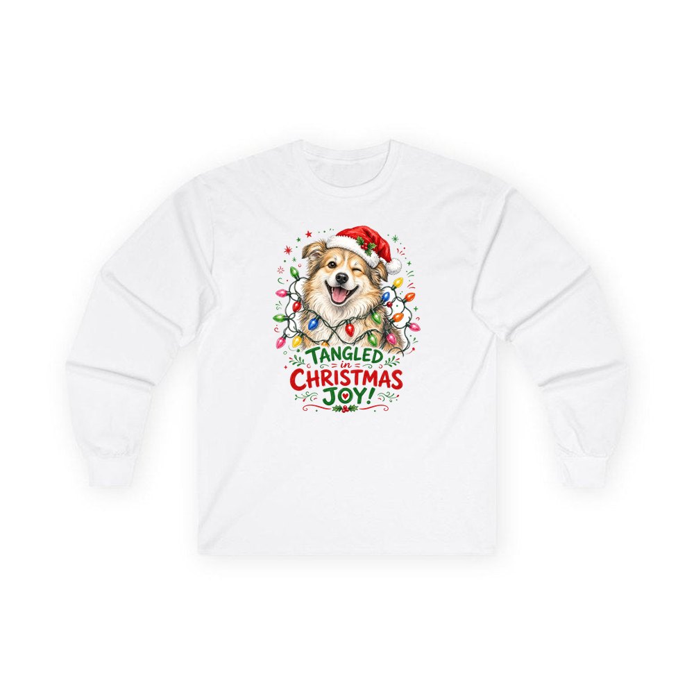 Tangled Christmas Lights Dog personalised long sleeve Christmas T-shirt in white