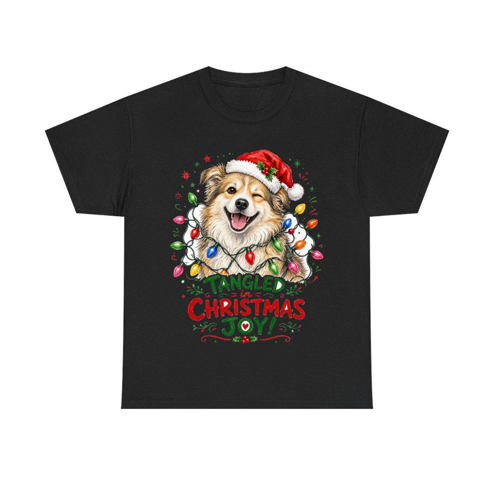 Tangled Christmas Lights Dog personalised Christmas T-shirt in black