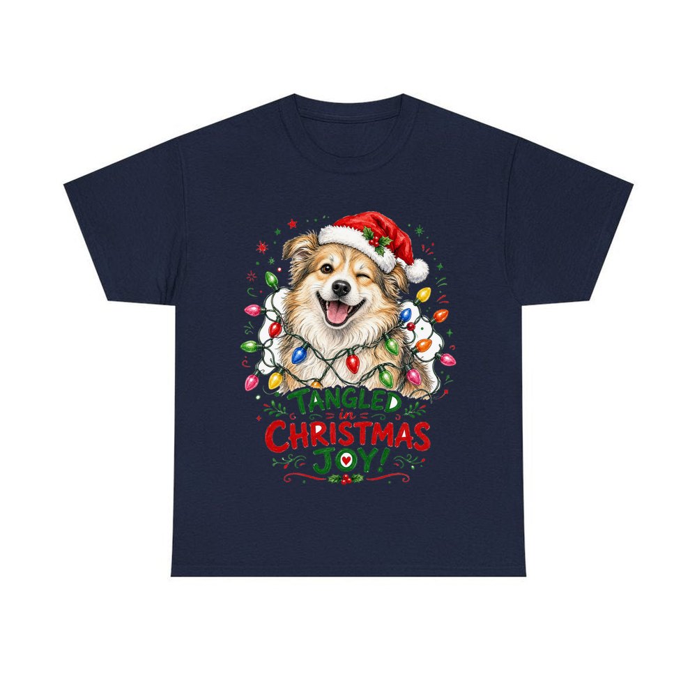 Tangled Christmas Lights Dog personalised Christmas T-shirt in navy