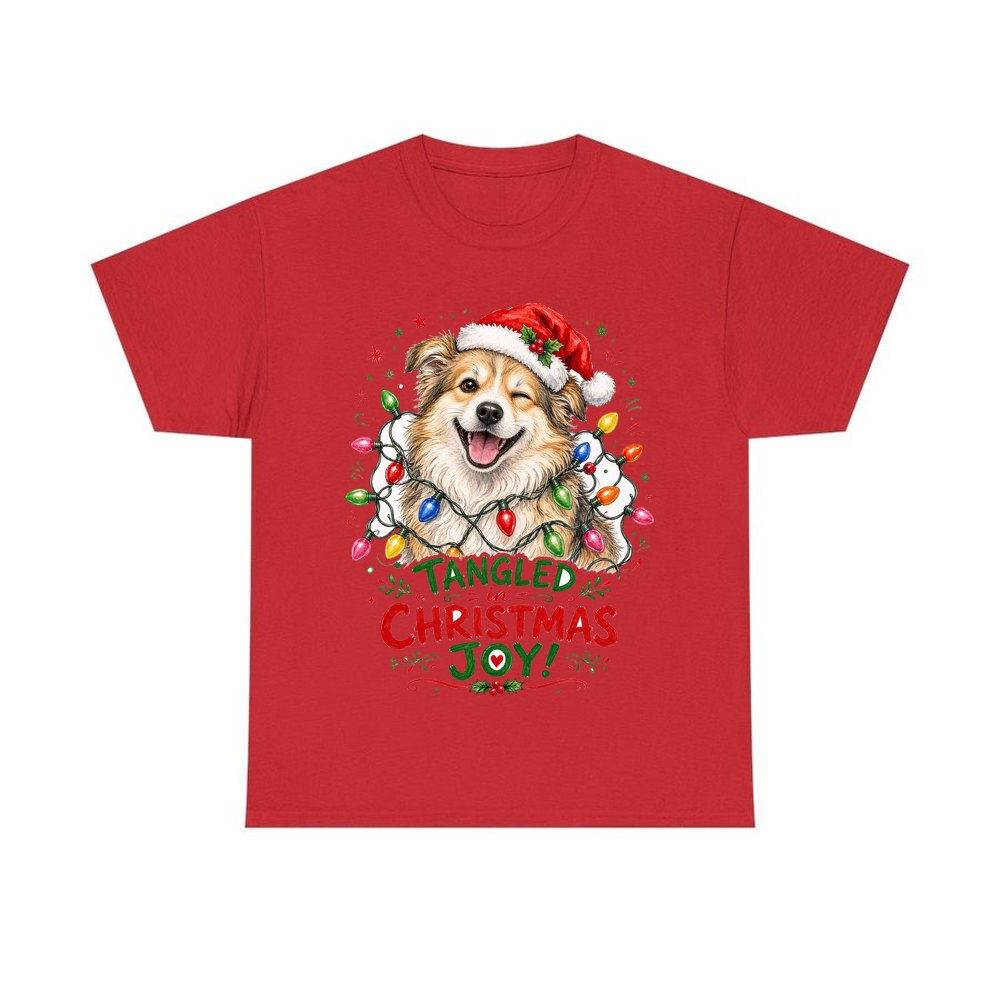 Tangled Christmas Lights Dog personalised Christmas T-shirt in red