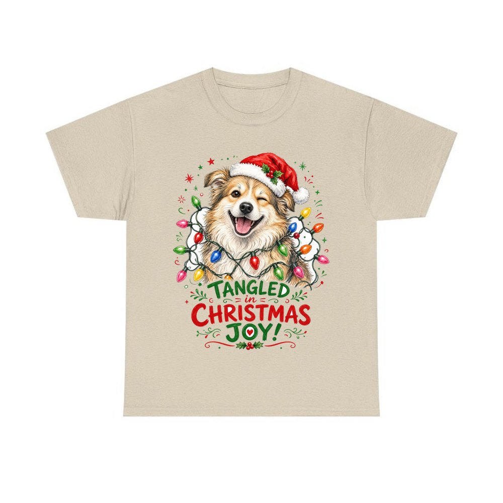 Tangled Christmas Lights Dog personalised Christmas T-shirt in sand