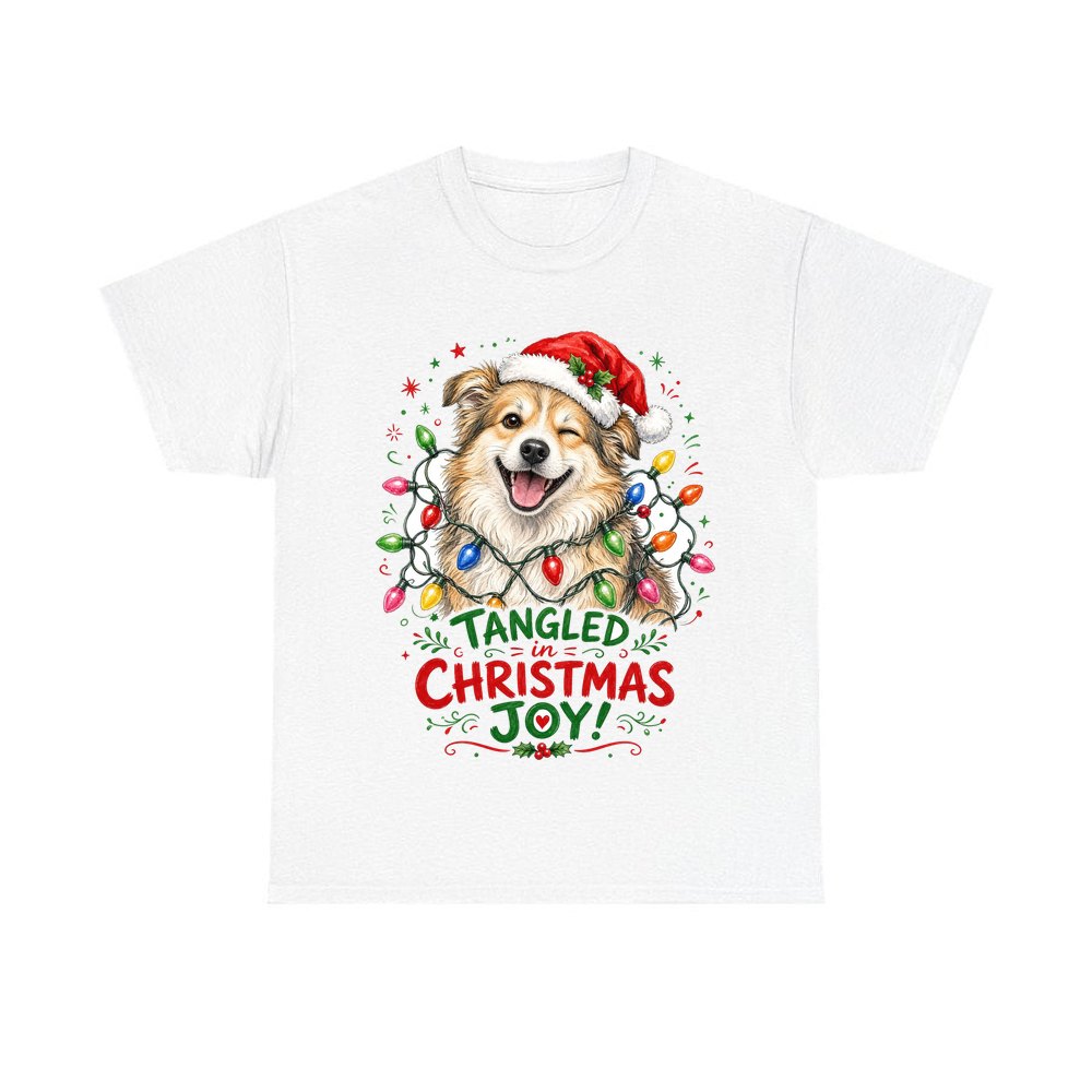 Tangled Christmas Lights Dog personalised Christmas T-shirt in white