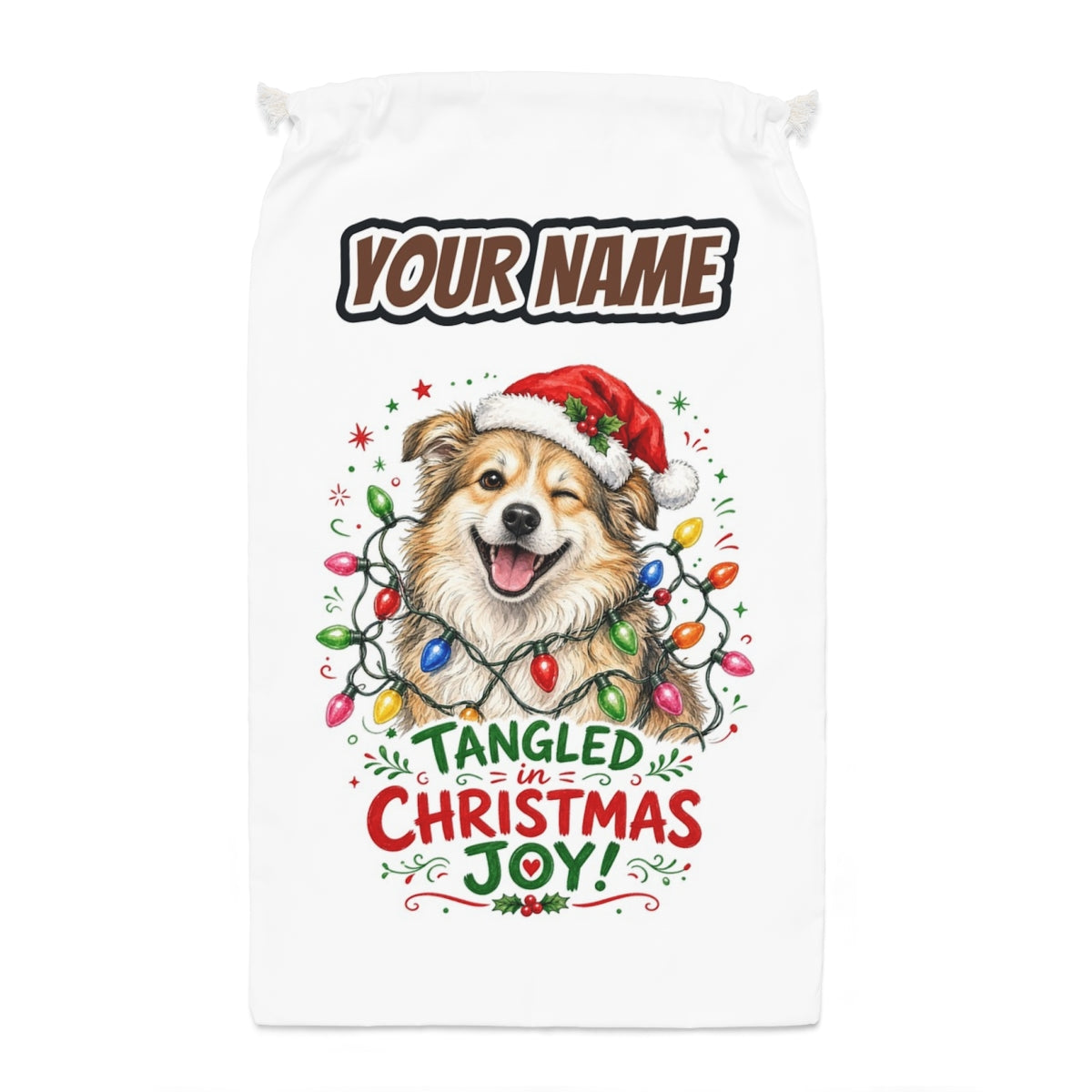 Tangled Christmas Lights Dog Santa sack laid flat, showing the full print
