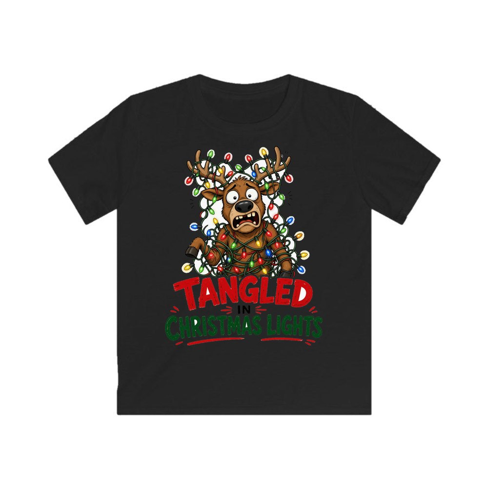 Tangled in Christmas Lights personalised kids Christmas tee in black